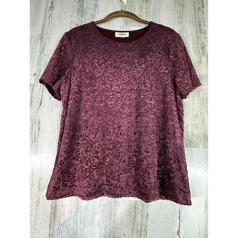 Talbots Burgundy Floral Velvet Burnout Top Blouse Size Petite Large Short Sleeve